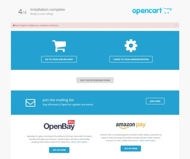 opencart installation complete remove installation directory