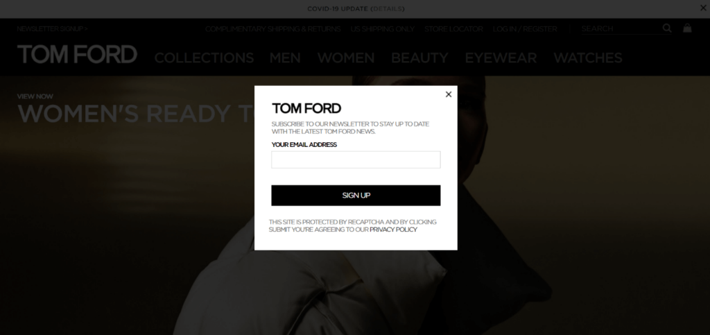 Mobile-friendly email list signup (Tom Ford)