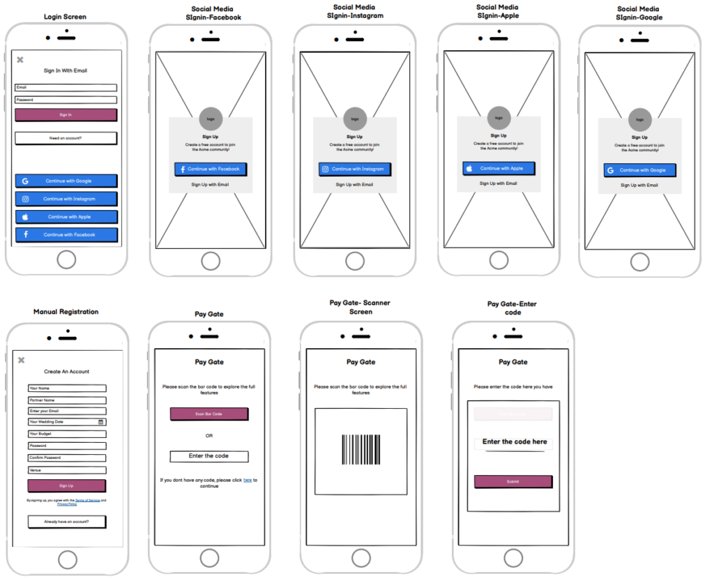 Wireframes of a wedding planning app